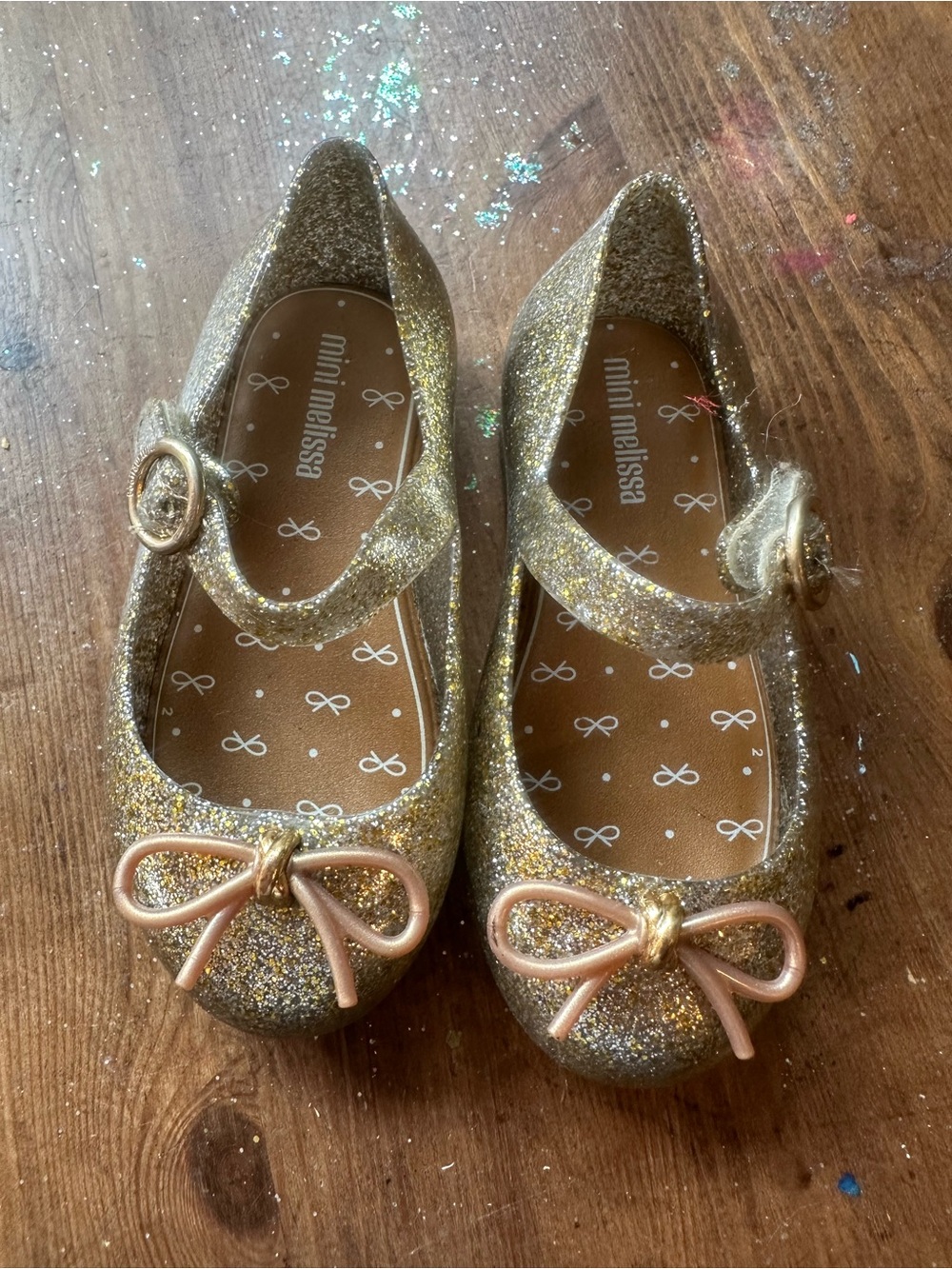 Mini Melissa Gold Glitter Mary Jane Flats with Bow